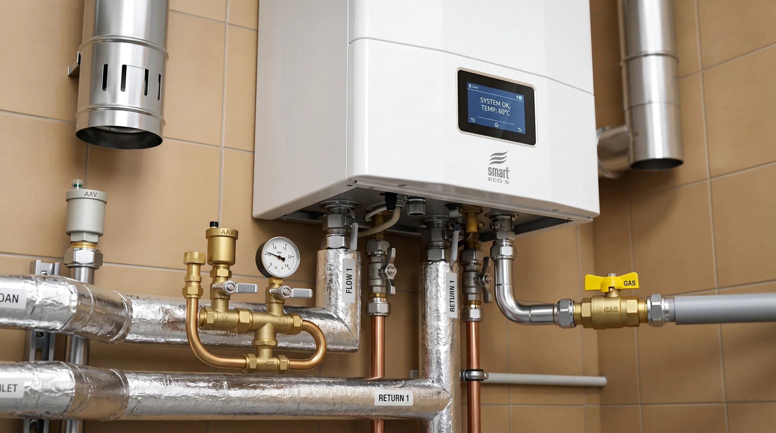 Nowoczesny kocioł gazowy z armaturą, zainstalowany w systemie grzewczym