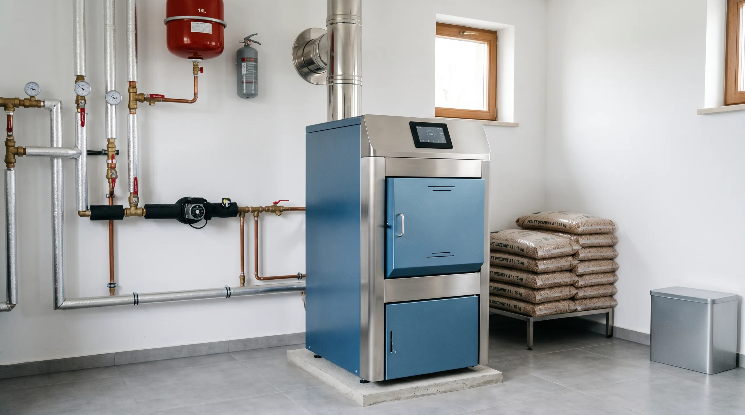 Nowoczesny kocioł gazowy w pomieszczeniu instalacyjnym z rurami i akcesoriami hydraulicznymi