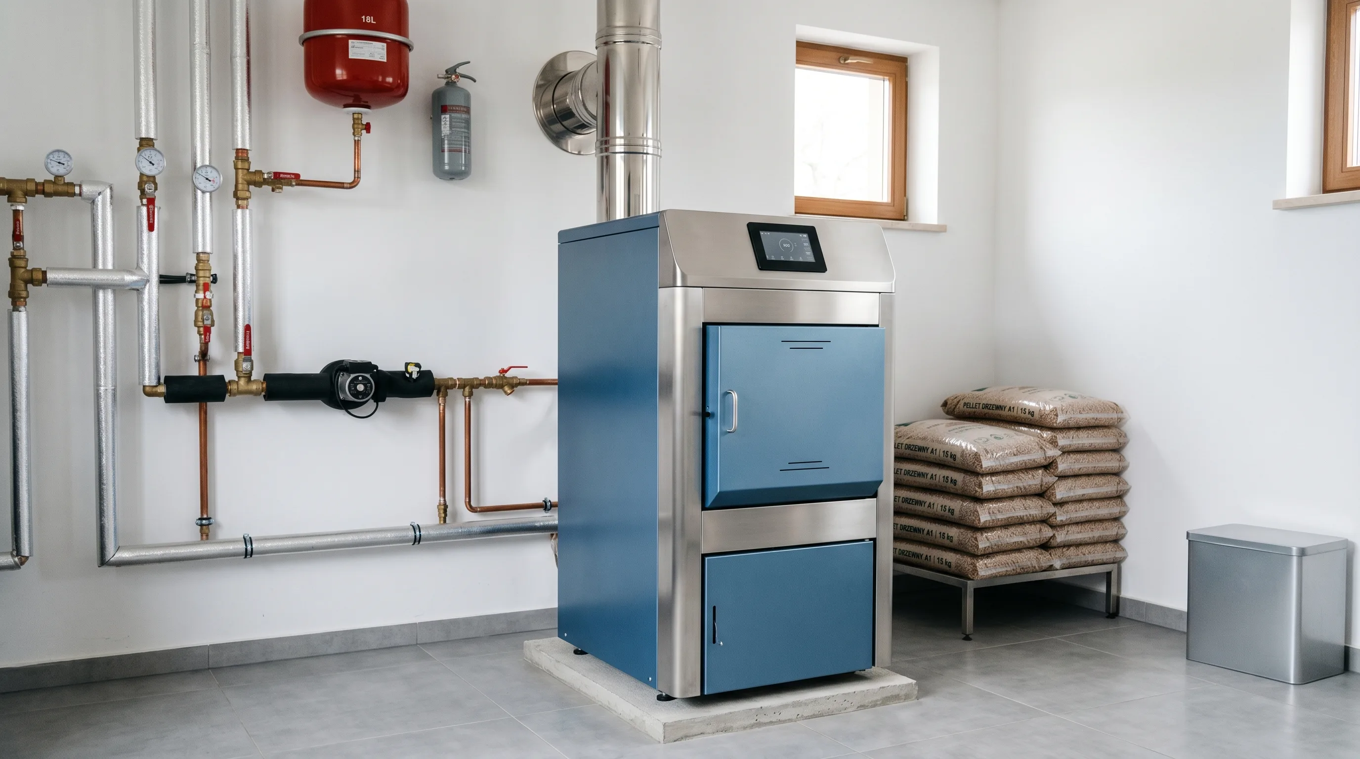 Nowoczesny piec na pellet w kotłowni, obok instalacje hydrauliczne oraz akcesoria grzewcze