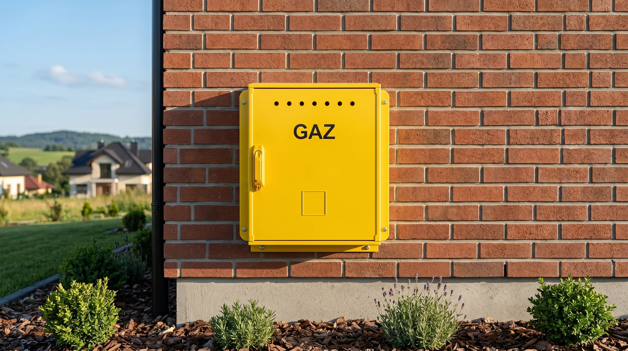 Skrzynka gazowa na ścianie budynku, z oznaczeniem "GAZ". Element instalacji gazowej